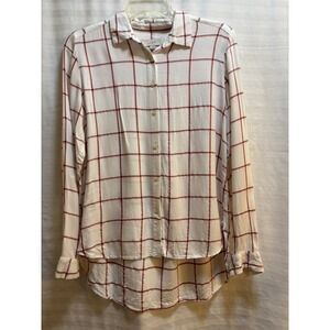 LOFT Womens White Burgundy Windowpane Plaid Button Down Shirt Metallic Shimmer S